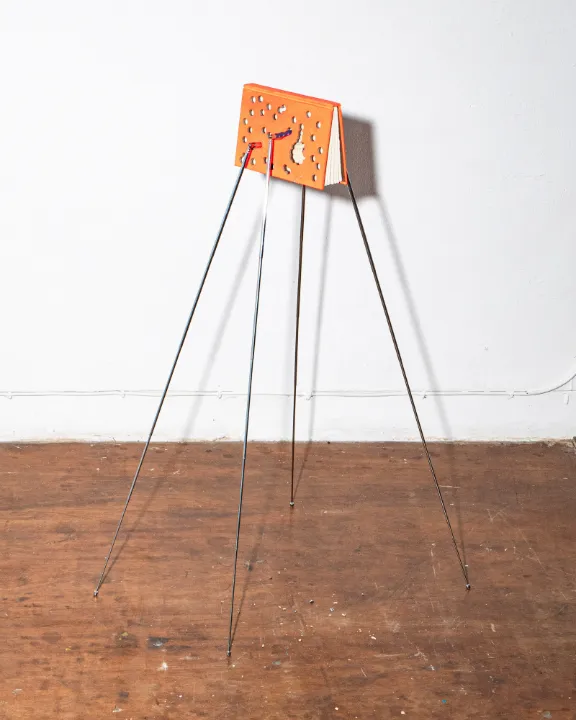Maruto Ardi, Orange Instrument, 2025. Handmade book, rope, antena, pencil. Variable dimension. Book size: 18.7 x 12.6 x 2.5 cm. © the artist