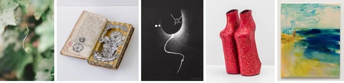 (左より): スクリプカリウ落合安奈「Microcosmos」2025年 発色現像方式印画 / ヒグチユウコ「Place in my heart」2024年 アンティーク本(1770s 推定)、和紙、ペン、鉛筆、水彩 鈴木ヒラク 「Untitled (Silver on Black) #65」2025年 シルバーインク、紙/舘鼻則孝「ベビーヒールレスシューズ」2024年 牛革、染料、金属ファスナー/津上みゆき「View,A Place,10:35am 20 Dec 2024,2025」2025年 顔料・アクリル・その他、キャンバス※掲載作品は一部を除き、過去の参考作品です。本展では各作家の新作を展示予定です。