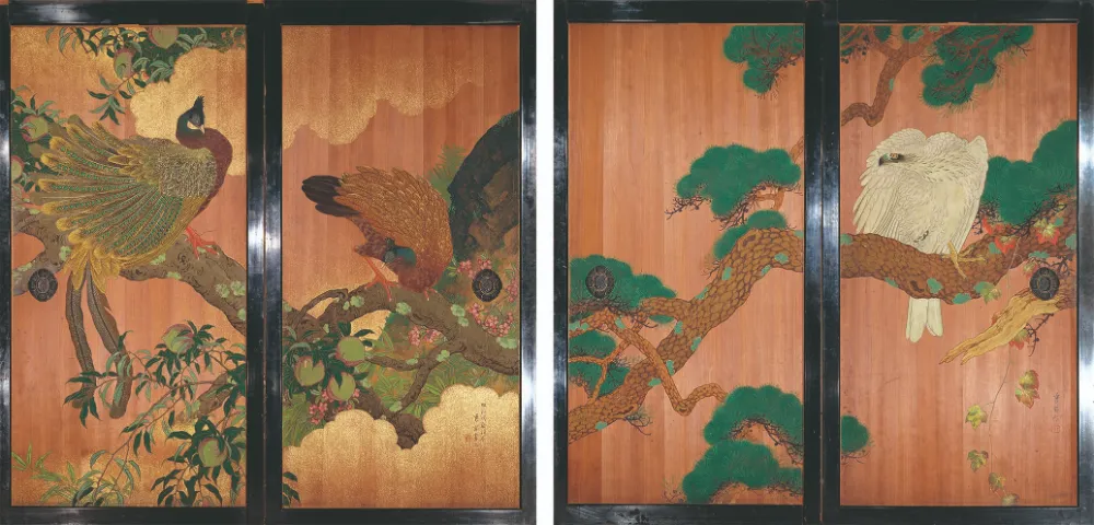 池上秀畝 《松に白鷹・桃に青鸞図》表・裏 昭和3年(1928) 杉戸絵 オーストラリア大使館 ※画像写真の無断転載を禁じます