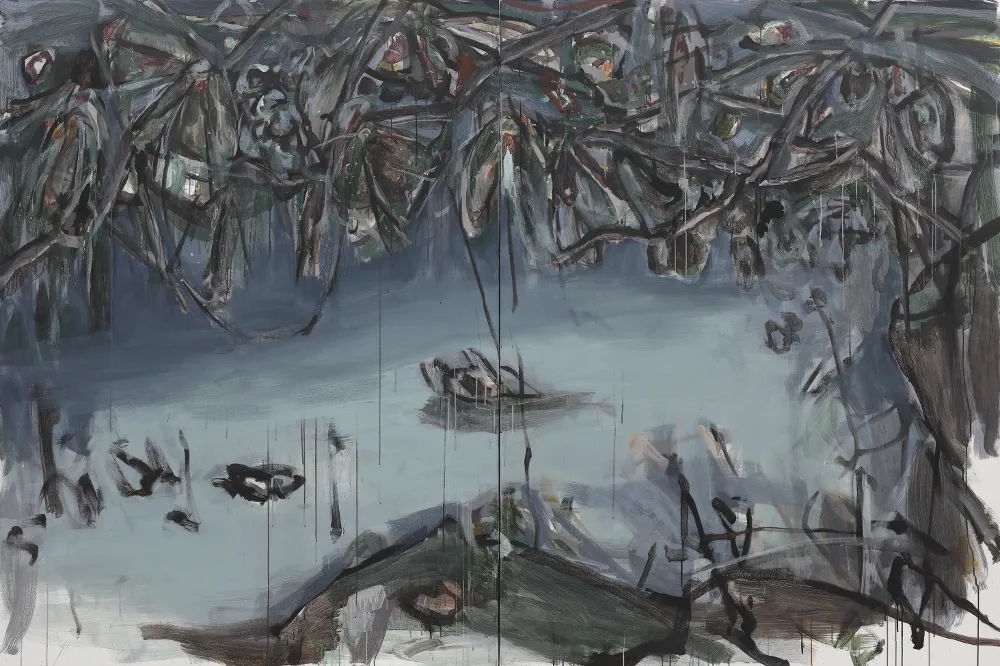 장재민 JANG Jaemin, 깊은 웅덩이 끝 Edge of a Deep Puddle, 2023, 캔버스에 아크릴릭 구아슈 Acrylic gouache on canvas, 200 x 150cm (2), 200 x 300cm (전체)