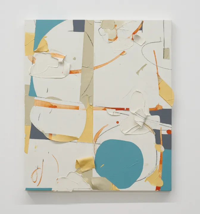 益永梢子, 青と呼ばれるその色の話を, 2025年, キャンバスにダーマト、アクリル絵の具, 53 x 46.3 x 3.8 cm